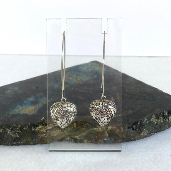 Sterling Silver 925 Marcasite Puffy Heart Threader Style Dangle Drop Earrings - Picture 11 of 16